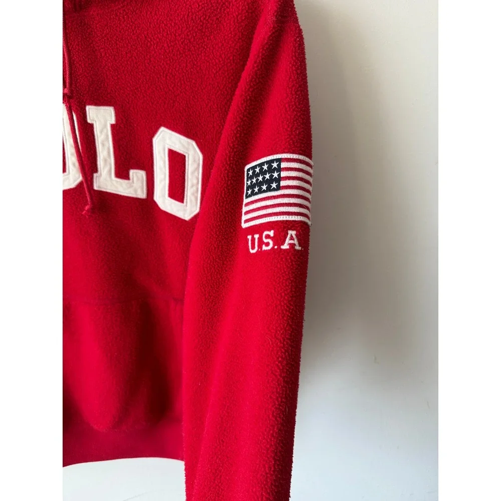 Polo Ralph Lauren Red Fleece Hoodie USA Flag Patch Sweatshirt Small
